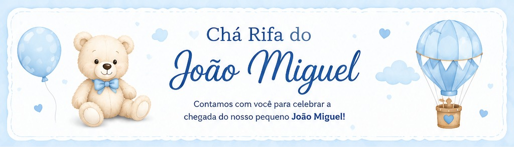 Chá Rifa do João Miguel, com ursinho, balão e decoração azul de chá de bebê